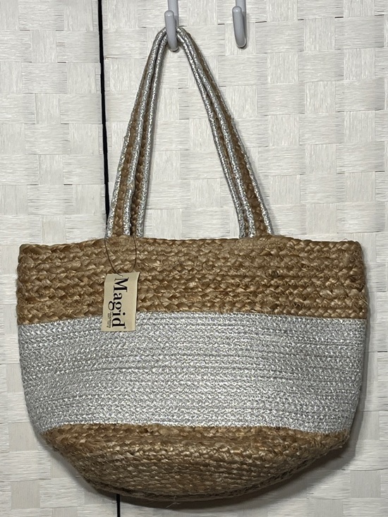 Magid Handbags - Magid Natural and Silver Two-Tone Straw Tote Jute Boho Beach Cruise Packable